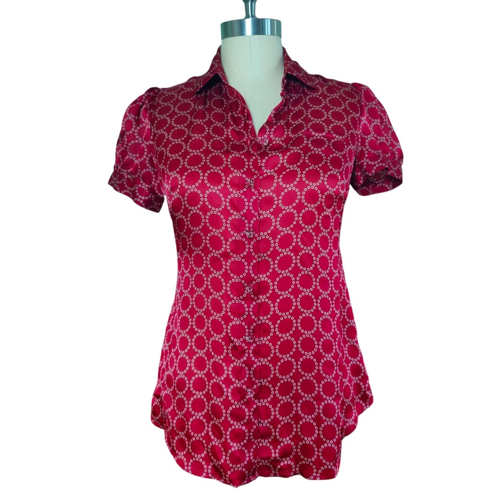 Banana Republic Red‎ 100% Silk Satin Puff Sleeve Button Down Top XS Y2K Preppy